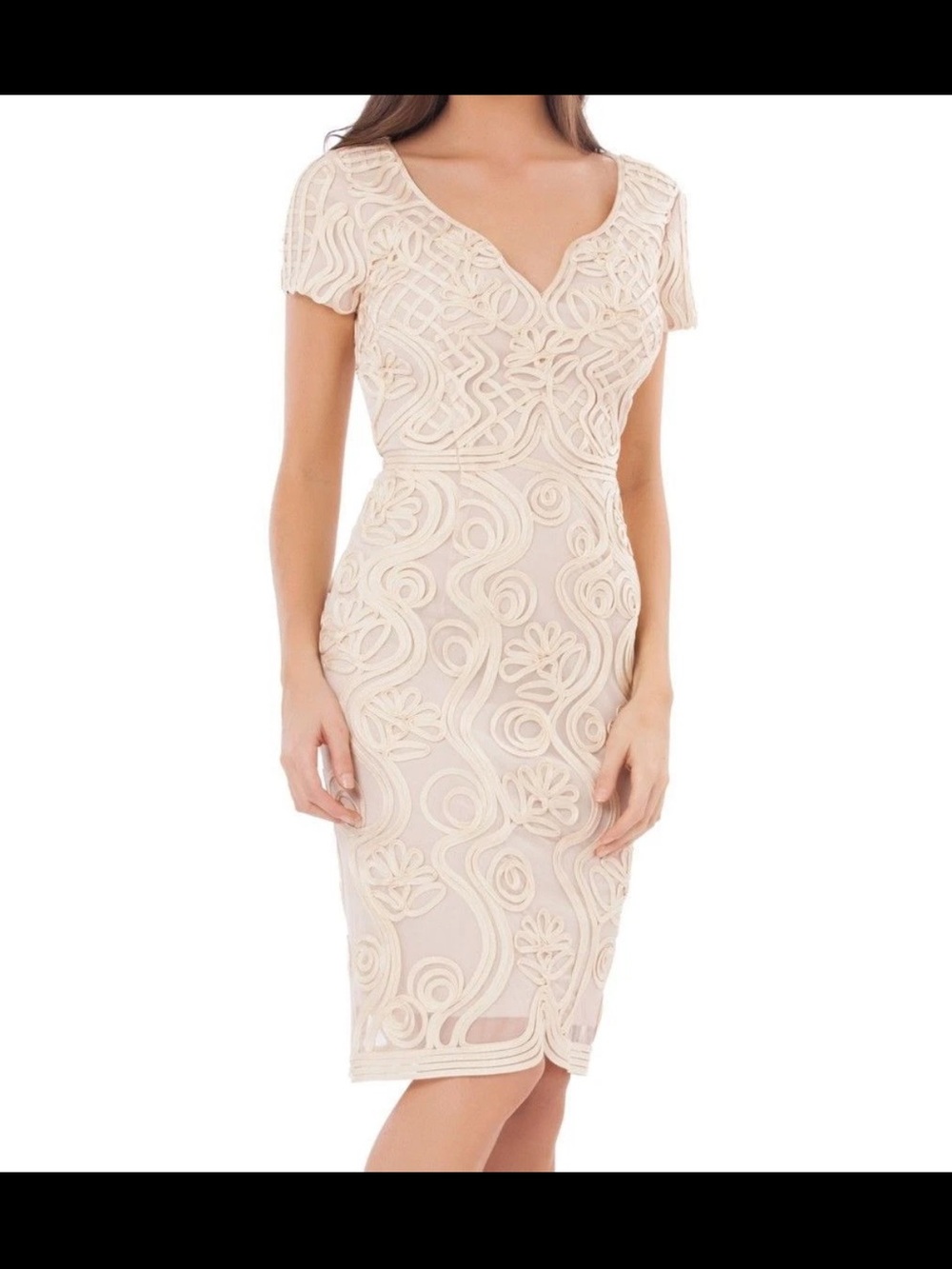 JS Collections Cream Embroidered V-Neck Sheath Dress Soutache and Mesh Size 12